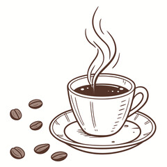 Steaming Coffee Cup and Scattered Beans saucer