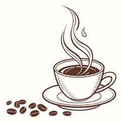 Steaming Coffee Cup with Scattered Beans Illustration