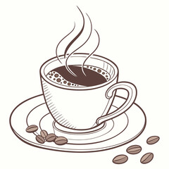 Steaming Cup of Coffee with Scattered Beans saucer