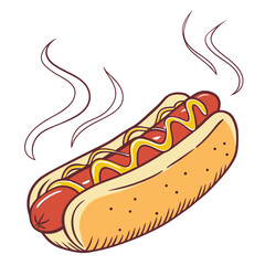 Steaming Hot Dog with Mustard in a Bun sausage food