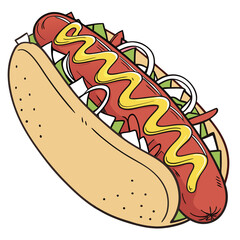 Stylized hot dog with mustard and onion on white background Keywords: hot dog, cartoon