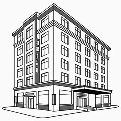 Stylized Illustration of a Corner Hotel Building Keywords: hotel, building, illustration