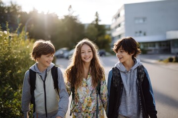 Group of three cheerful school children walking outdoors together, smiling and talking while carrying backpacks, with greenery and modern school buildings in the background