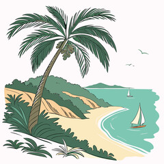 Tropical Beach Scene with Palm Tree and Sailboats ocean
