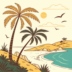 Tropical beach scene with palm trees and sun Keywords: beach, tropical, palm trees, ocean, sea