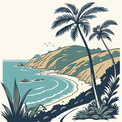 Tropical beach with palm trees and rolling hills ocean
