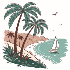 Tropical beach with sailboat and palm trees on white background Keywords: beach, tropical, palm