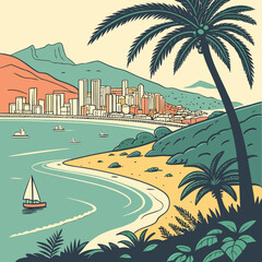 Tropical coastal city with palm trees and sailboats Keywords: tropical, coast, city, skyline