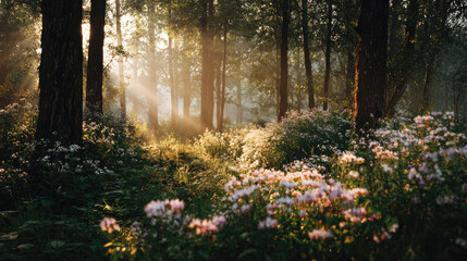 sunlight streams through a forest filled with wild flowers on white background