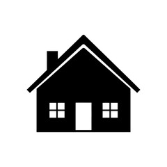 Simple black house silhouette stands against a white backdrop, representing home, shelter, and basic architectural form with clean lines and minimalist aesthetic.