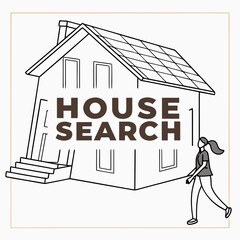Woman Approaching House with House Search Text Overlay