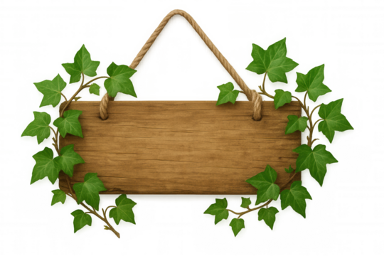Wooden sign hanging with rope, ivy leaves growing around empty plank, offering space for custom message, transparent background