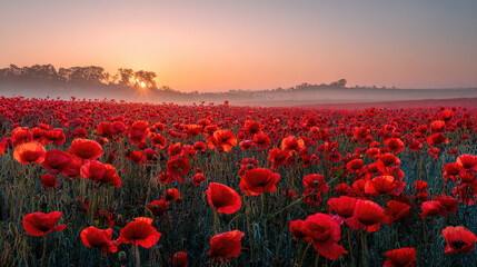 sunrise over a vibrant poppy field on white background