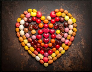Colorful candies arranged in a heart shape on a dark stone surface