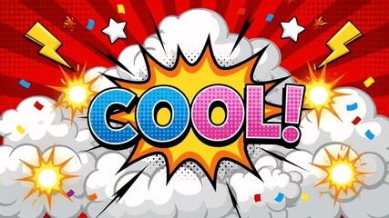 Dynamic comic explosion graphic with vibrant "COOL!" text and retro pop art elements, perfect for energetic promotions and modern branding. - Powered by Adobe