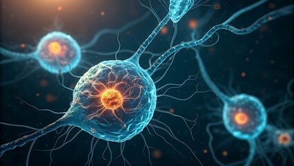 Obraz premium Detailed view of a glowing blue neuron cell with branching dendrites