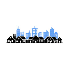Naklejka premium Cityscape silhouette showcases suburban houses and downtown buildings against a white sky, creating a simple and modern urban scene.