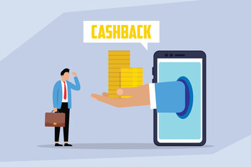 A hand from a mobile phone screen offers a man a cashback reward in the form of gold coins, representing online shopping benefits 2d flat vector illustration