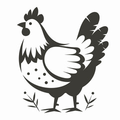 This artwork features a hen with distinct patterns standing on two legs. It is surrounded by small greenery, showcasing a rustic and playful style.