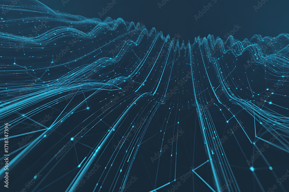 Wall mural abstract digital data stream with glowing blue lines representing network connections and informatio