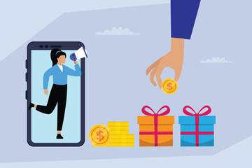 Mobile Marketing and Online Rewards, Woman Holding Megaphone Announcing Digital Offer 2d flat vector illustration
