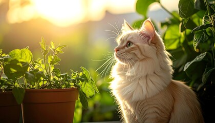 Cream cat on balcony at sunset