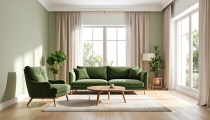 Modern living room with green accents
