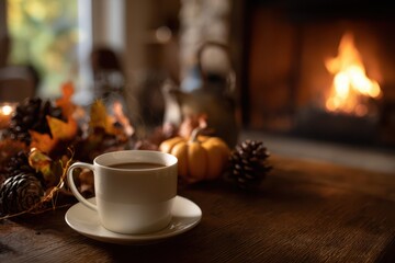Warm cup of coffee on wooden table decorated with pinecones, autumn leaves, and pumpkin in cozy rustic home interior near glowing fireplace