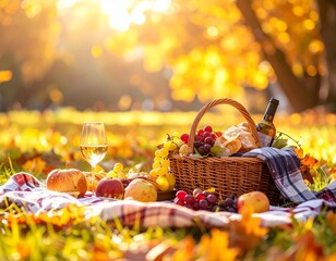 Golden autumn afternoon picnic with a wicker basket of fresh fruit, bread, and white wine on a blanket of fall leaves