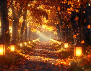 Golden Autumn Path Lanterns Illuminate a Scenic Forest Walk in Ultra Realistic 8k