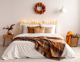 Cozy Autumn Bedroom Warm Blankets, Lights, and Fall Wreath Decor