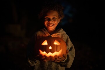 Smiling child holding a glowing carved pumpkin lantern with triangular eyes and jagged mouth design during Halloween night celebration outdoors in the dark