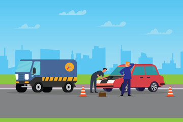 Roadside Assistance and Car Repair Service, A Man Helping a Woman to Fix Her Broken Car. 2d flat vector illustration