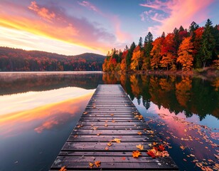 Autumn Serenity A Lakeside View of Vibrant Fall Colors at Sunset