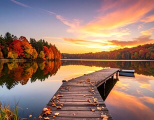 Serene Autumn Lake with Wooden Pier at Sunset, Vibrant Fall Foliage Reflected in Calm Water