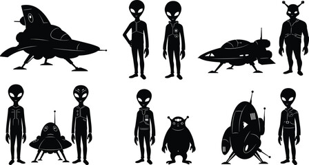 Alien characters with spaceships, extraterrestrial beings in futuristic design, science fiction silhouettes, outer space creatures and UFO spacecraft illustration collection for artwork