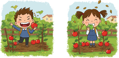 Cartoon boy and girl picking apples, eating fresh fruit in orchard, kids enjoying nature, healthy lifestyle, harvest season, autumn farm