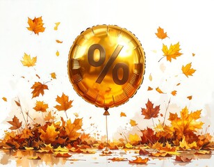 Golden balloon with percentage symbol among autumn leaves