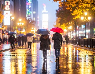 Rainy autumn night in the city People with umbrellas walking along a wet street reflecting neon lights