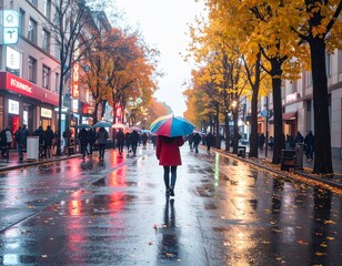 Vibrant autumn colors illuminate a bustling city street on a rainy day, as a lone figure with a colorful umbrella walks through the glistening reflections