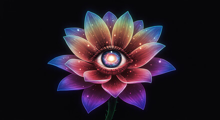Fototapeta premium Eye flower cosmic bloom on black background