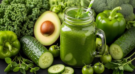 Refreshing Green Smoothie Beverage with Assorted Organic Vegetables Still Life