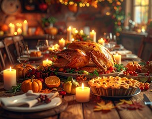 Warm autumn holiday dinner with a roasted turkey and pie, illuminated by candlelight, perfect for Thanksgiving celebrations