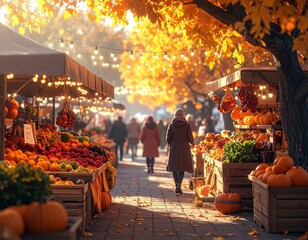 Autumn harvest market scene with bustling stalls of pumpkins, apples, and seasonal produce, glowing under golden fall foliage and festive lights