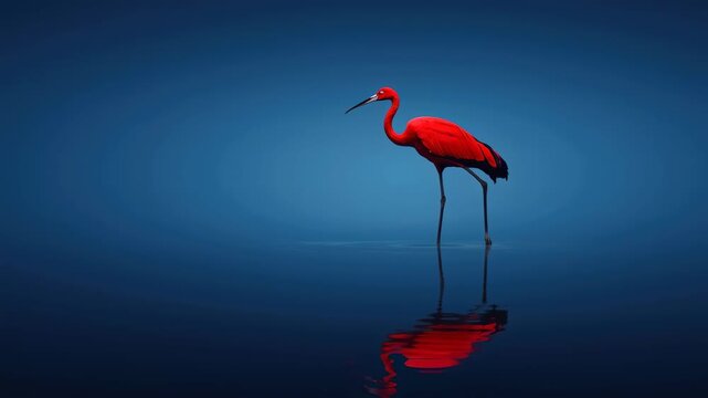 Bright red scarlet ibis, blue landscape reflection. Ideal for brochures, wildlife magazines, ecofriendly brands, and tropicalthemed designs.