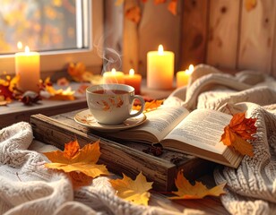 Tranquil autumn scene with a cup of hot tea, an open book, and glowing candles for a cozy, hygge atmosphere at home