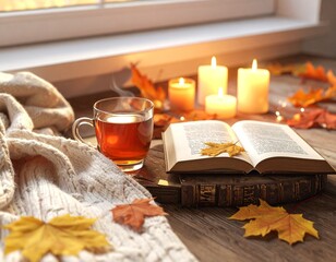 Cozy Autumn Still Life Tea, Book, and Candlelight by the Window