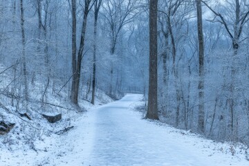 Snowy path through a frosted forest