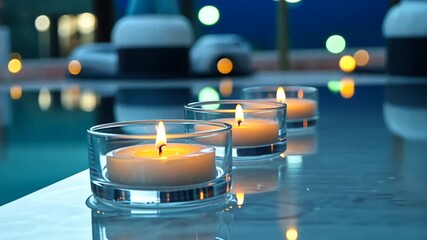 Tealight candles with warm glowing reflections on wet surface blurred background lights for spa promotion relaxation luxury lifestyle romantic evening ambiance concept - Powered by Adobe