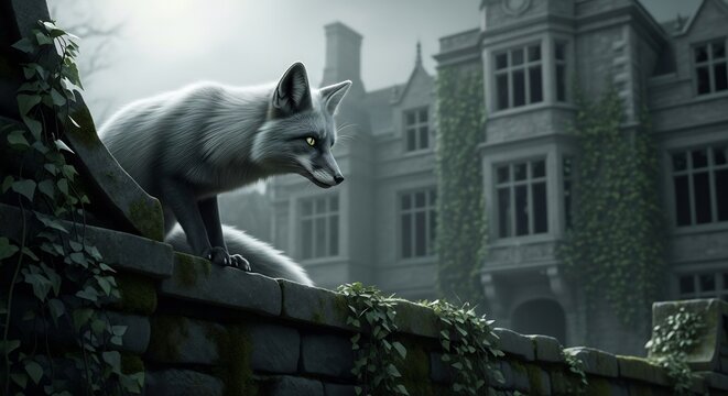 Eerie fox on a wall overlooking an abandoned building. Ideal for Halloween, mystery, or fantasy themed projects. Atmospheric backdrop for book covers, web design.